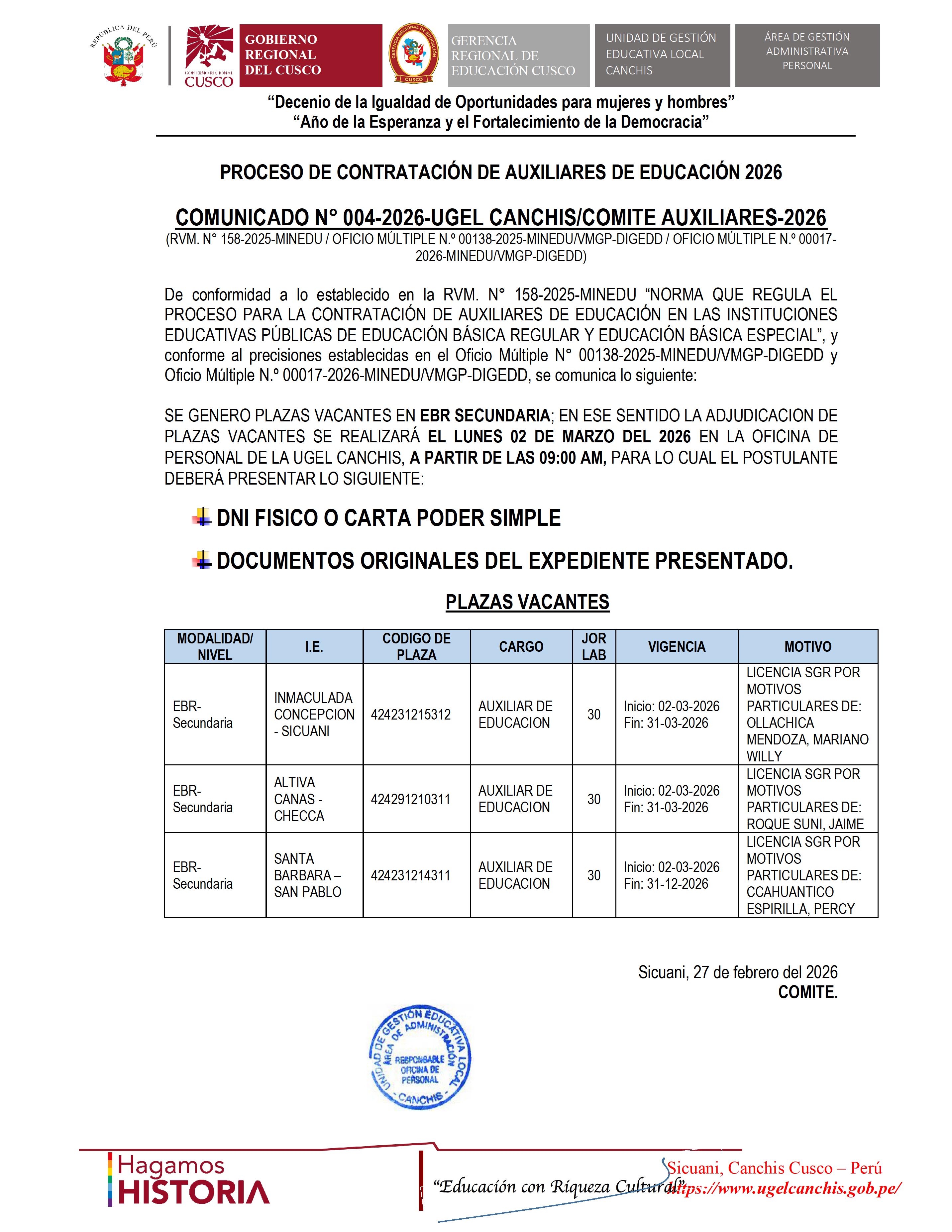 PROCESO DE CONTRATACIÓN DE AUXILIARES DE EDUCACIÓN 2026 COMUNICADO N° 004-2026-UGEL CANCHIS/COMITE AUXILIARES-2026